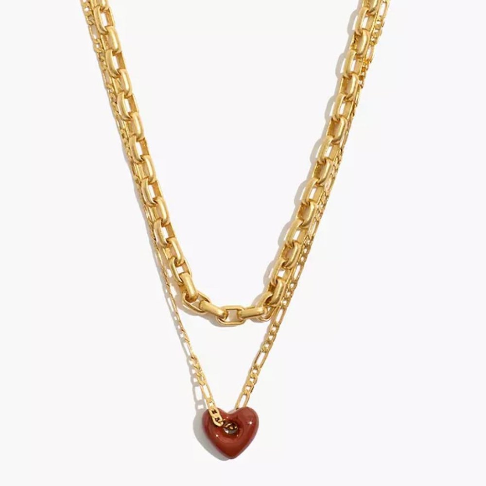 Madewell Layered Brown Gold Chunky Chain Heart Necklace Jewelry Set